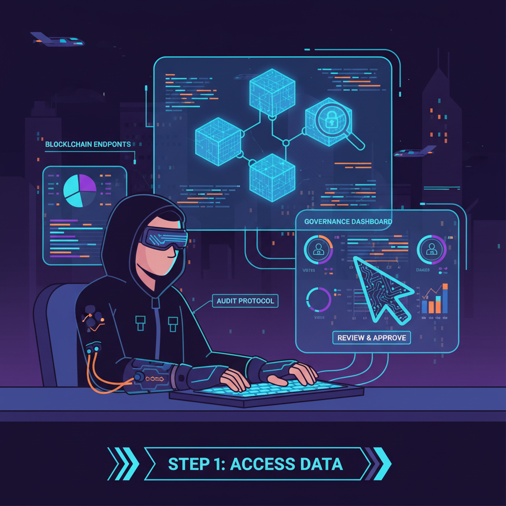 cyberpunk hacker auditing blockchain endpoints and governance dashboard