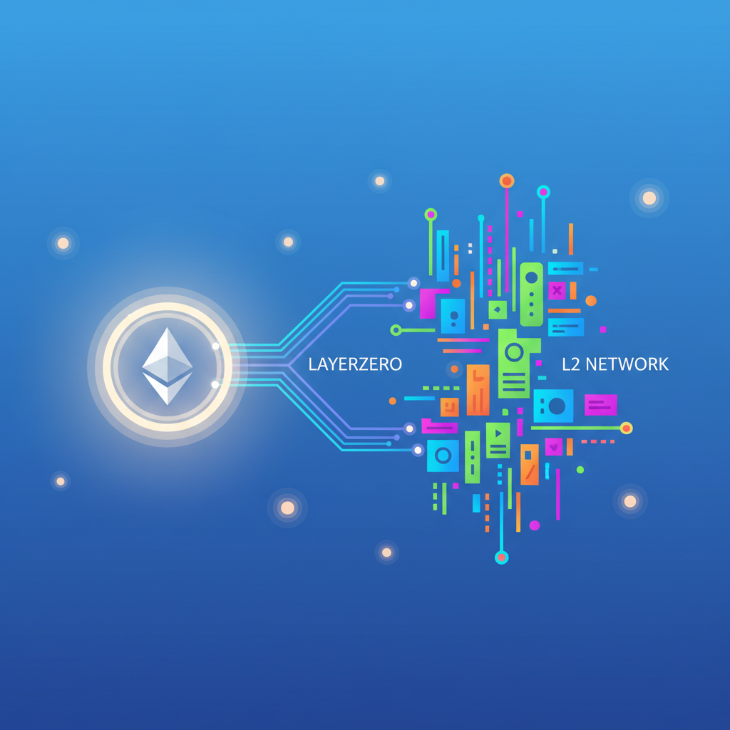 glowing ETH portal bridging to vibrant L2 network via LayerZero