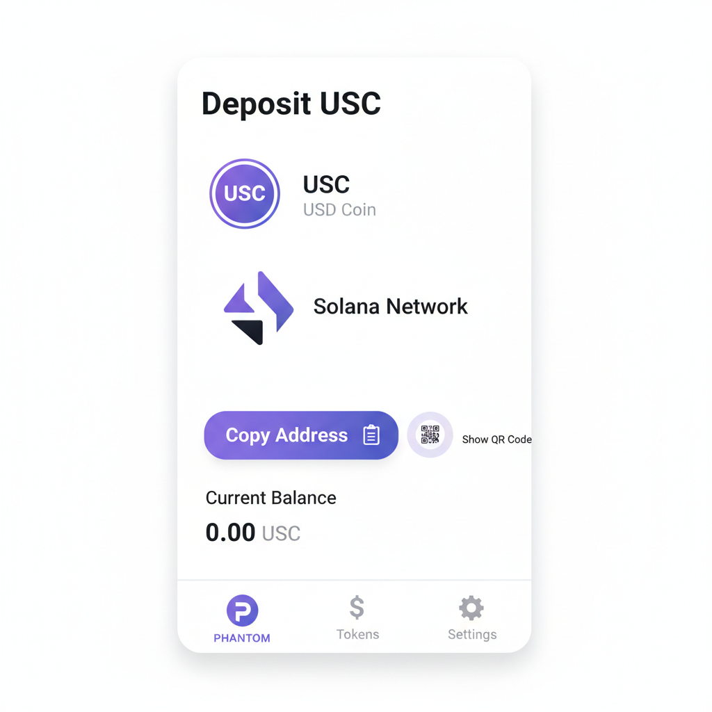 clean illustration of Phantom wallet interface showing USDC deposit on Solana network