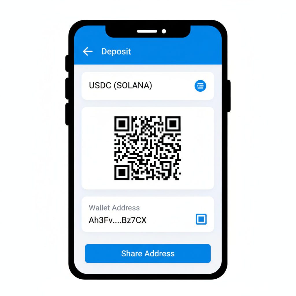 screenshot-style illustration of Bitso app showing USDC Solana deposit address