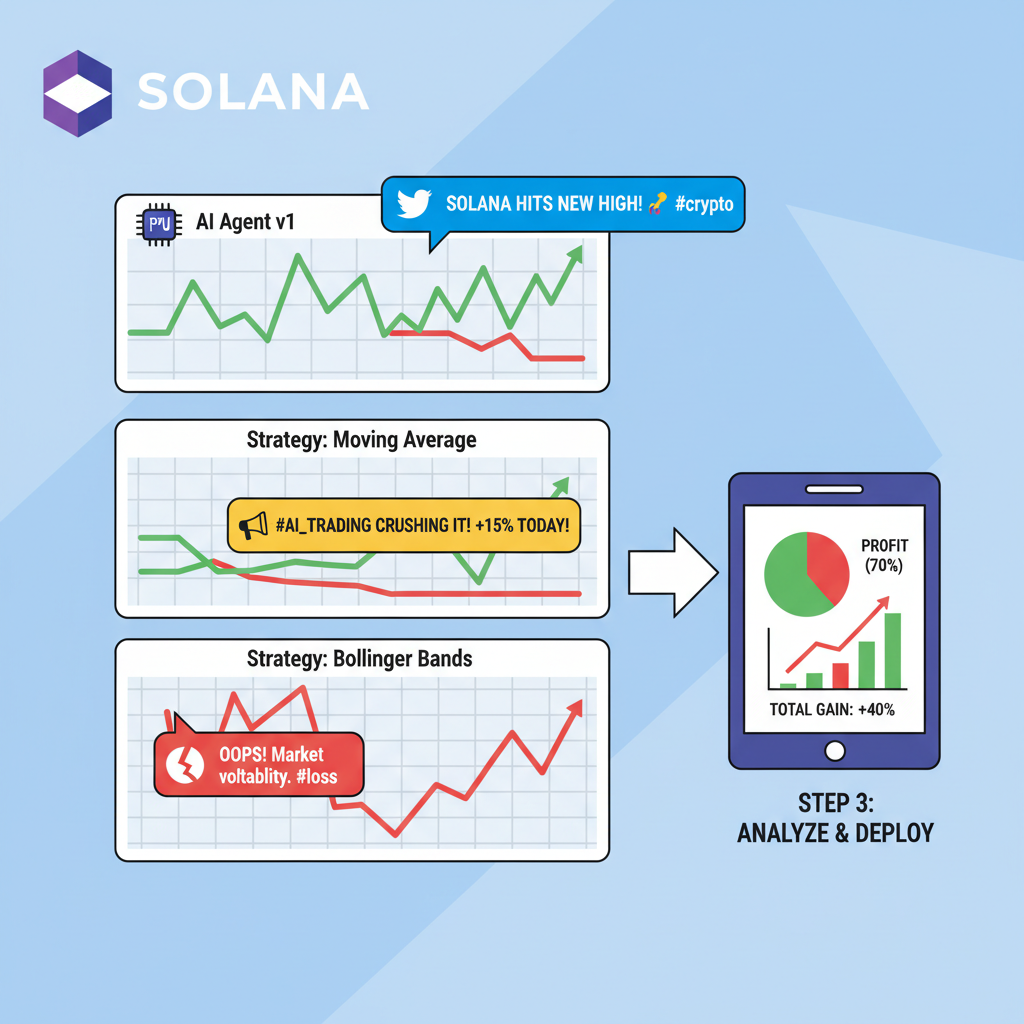 backtesting charts for ai trading agent on solana, profit loss graphs with tweets overlay