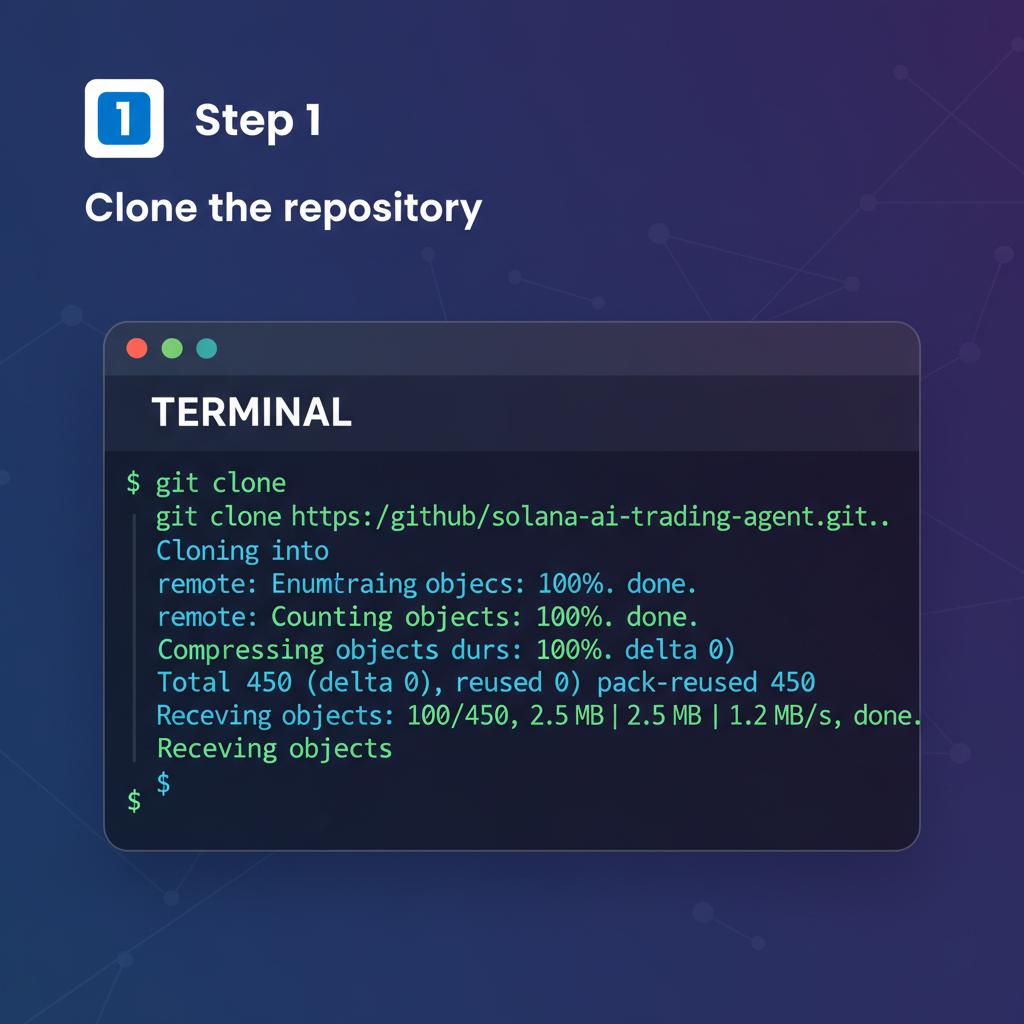 terminal cloning github repo for solana ai trading agent, dark mode code screen
