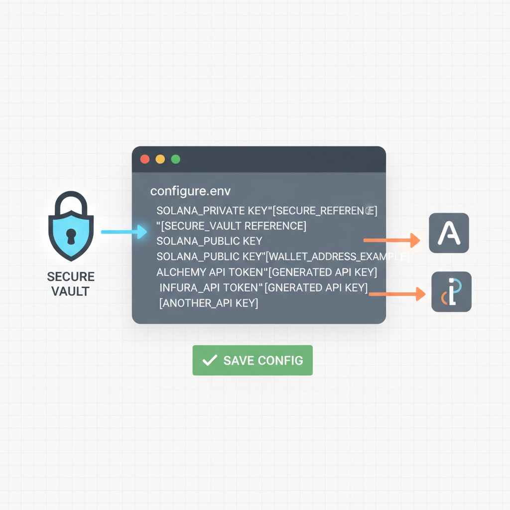 configuring env file with solana wallet keys and api tokens, secure vault interface
