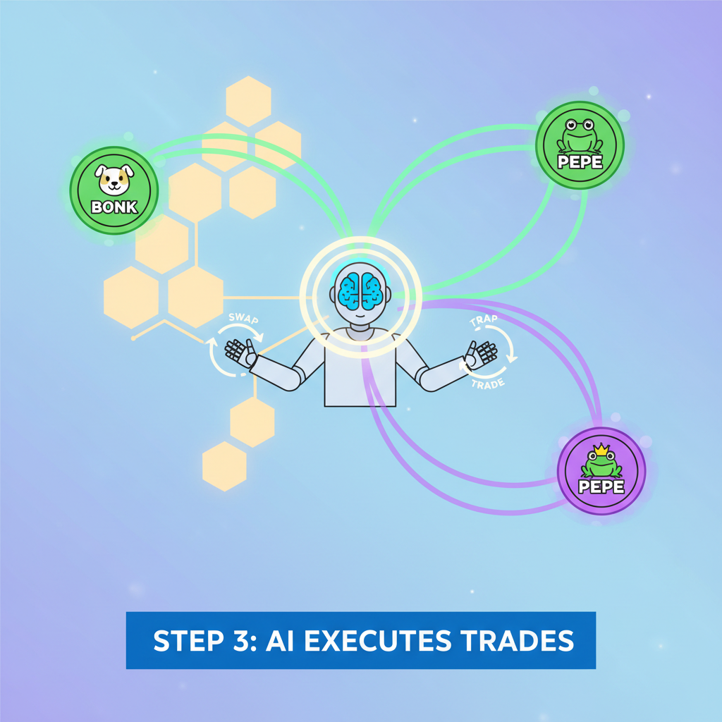 solana blockchain with ai agent executing trades, memecoin swaps glowing
