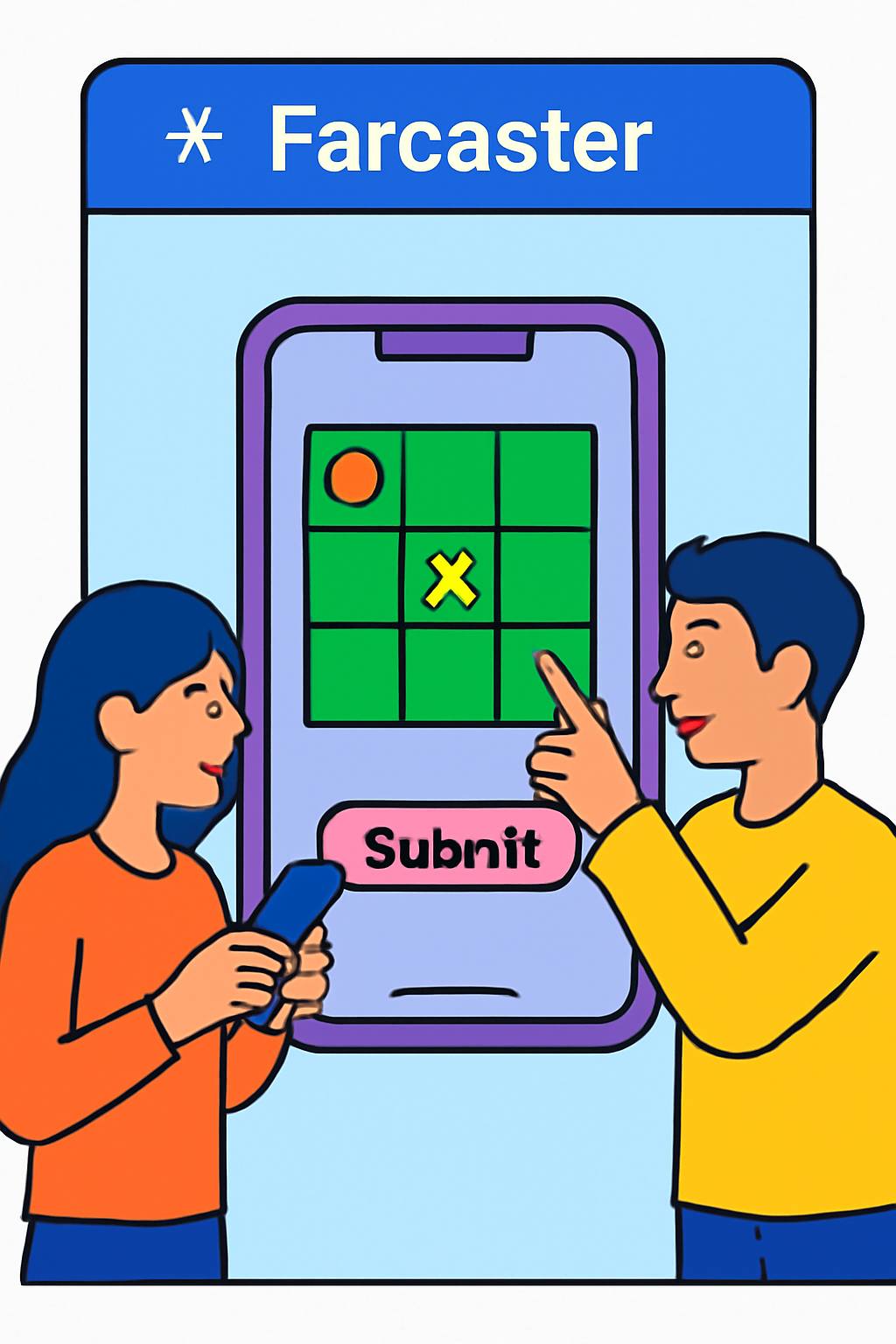 Farcaster mini-app interface in action, interactive game or tool, vibrant colors, users engaging on mobile