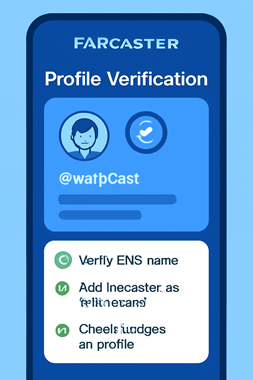 Farcaster Warpcast profile verification page with green checkmarks on badges, clean mobile UI, futuristic blue tones
