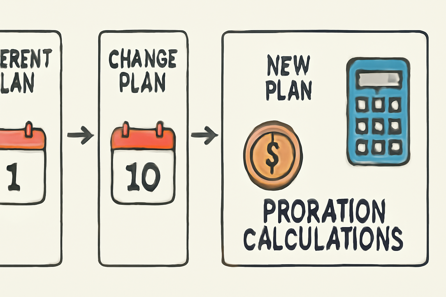 A flowchart illustrating subscription plan changes and proration calculations with arrows and calendar dates