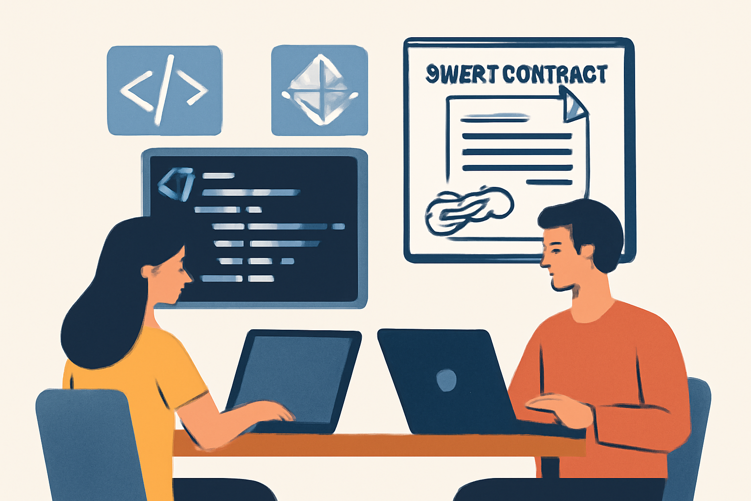 Developers coding a smart contract with code snippets and blockchain symbols on screens