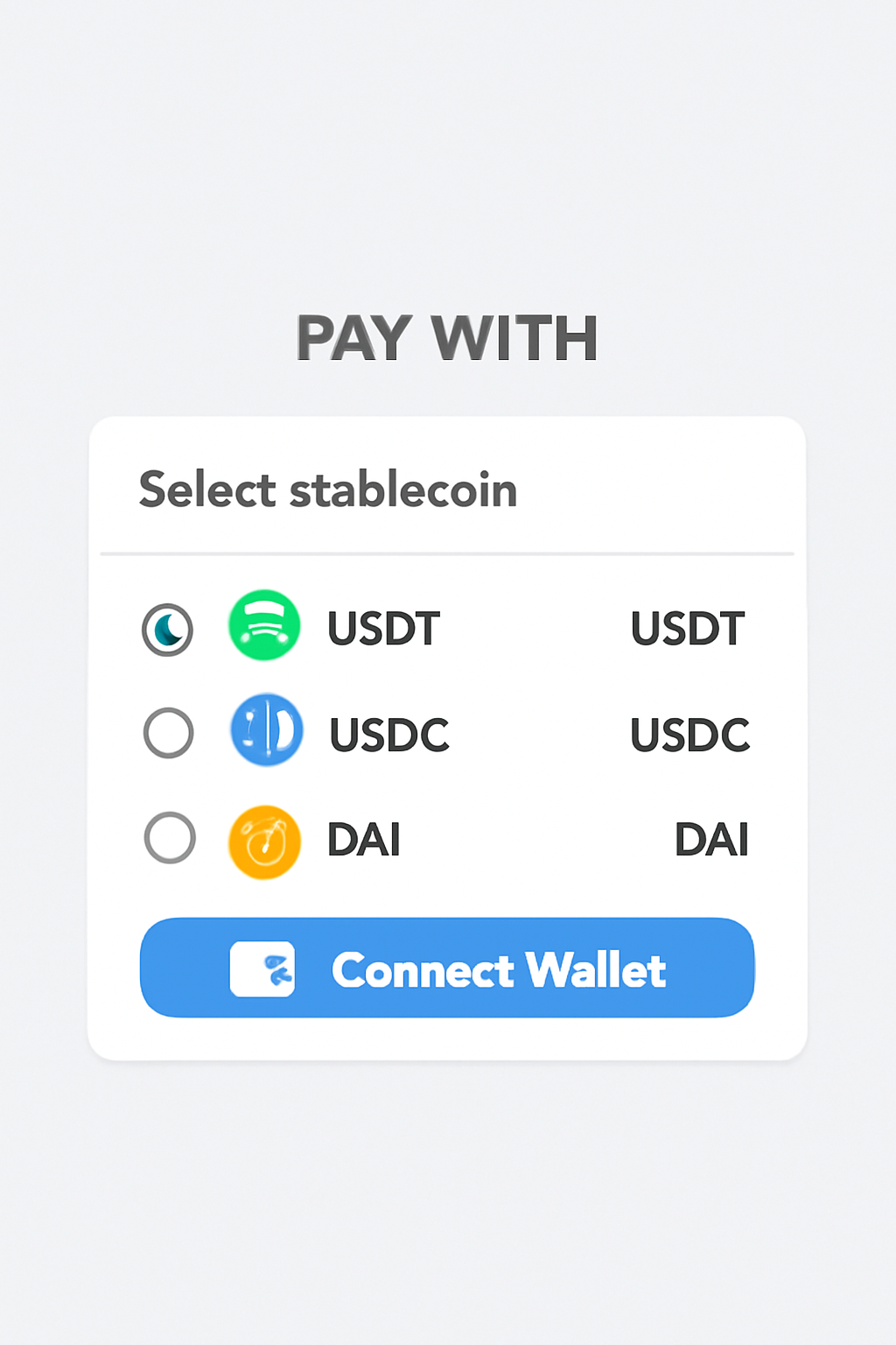 A payment interface showing stablecoin options and a blockchain wallet connection