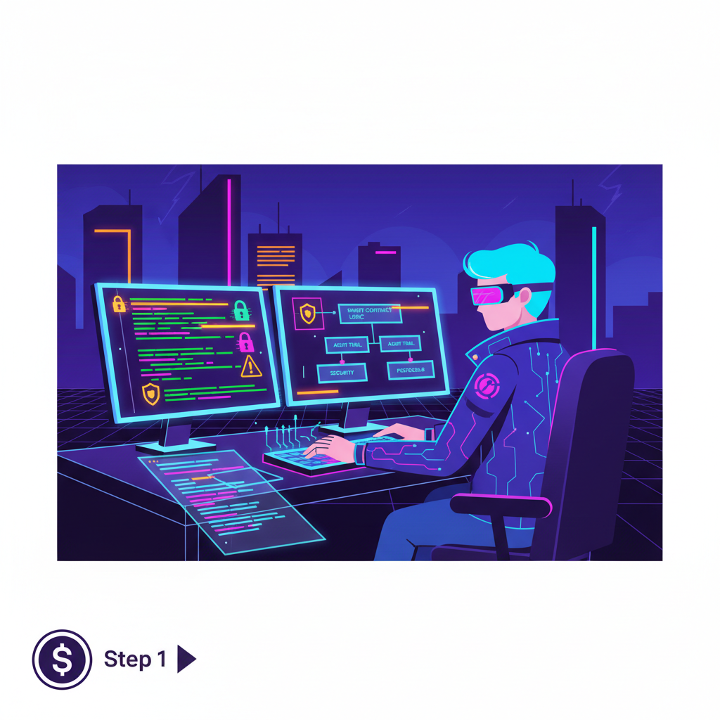 developer auditing blockchain smart contracts on dual monitors, code highlights and security icons, cyberpunk style