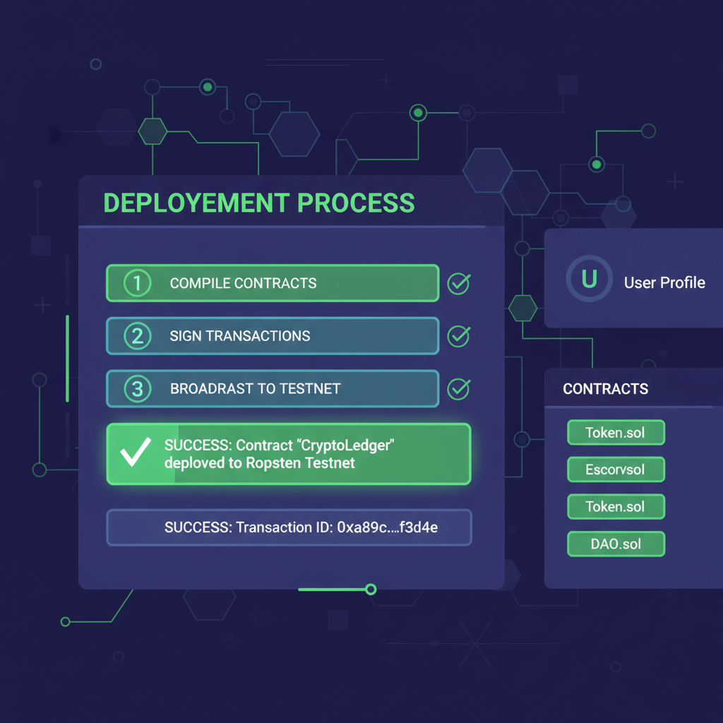 deploying smart contracts to blockchain testnet dashboard, green success notifications, futuristic UI