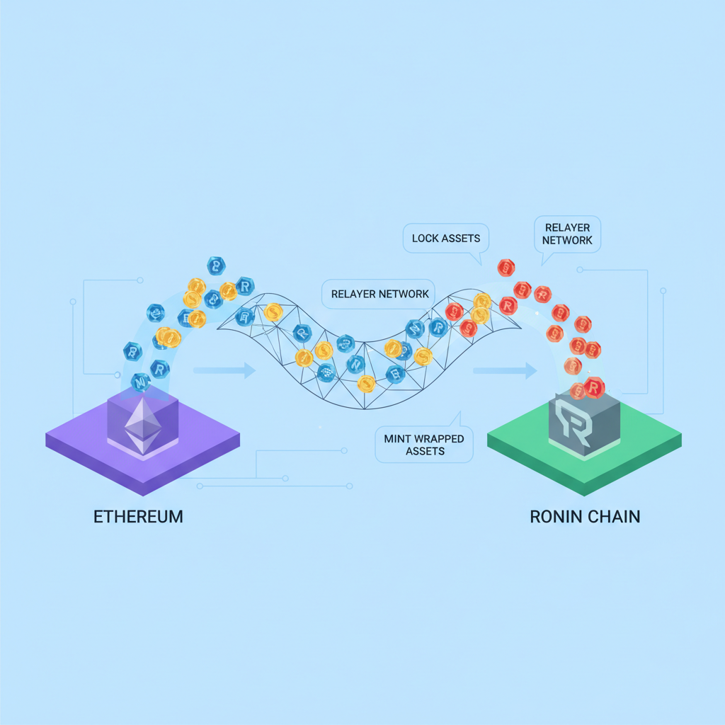 blockchain bridge transferring assets between Ethereum and Ronin chains, glowing tokens flowing, digital art