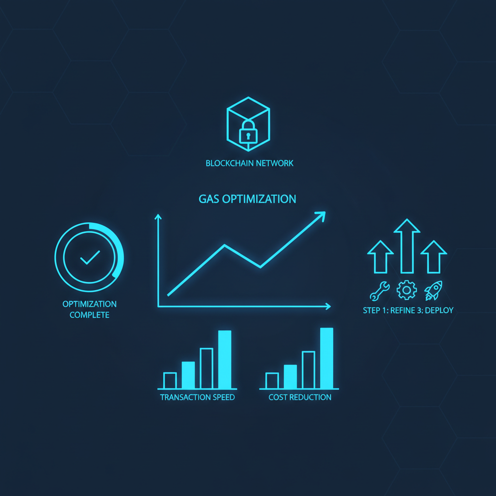 gas optimization graph on blockchain dashboard, efficiency charts rising, neon blue tones