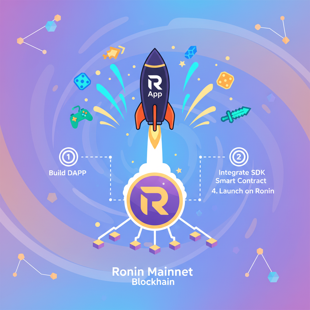 rocket launching DApp to Ronin mainnet blockchain, fireworks and gaming elements, epic space scene