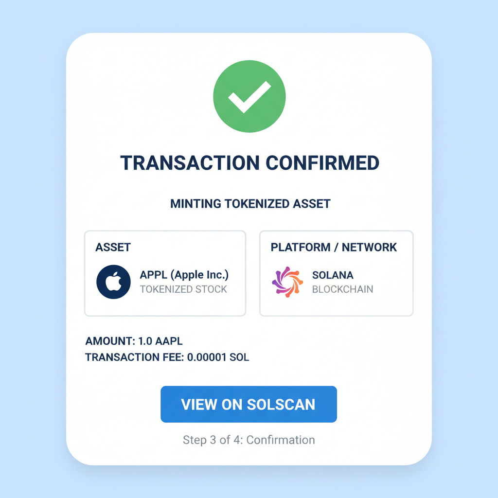 transaction confirmation screen for minting tokenized AAPL on Solana