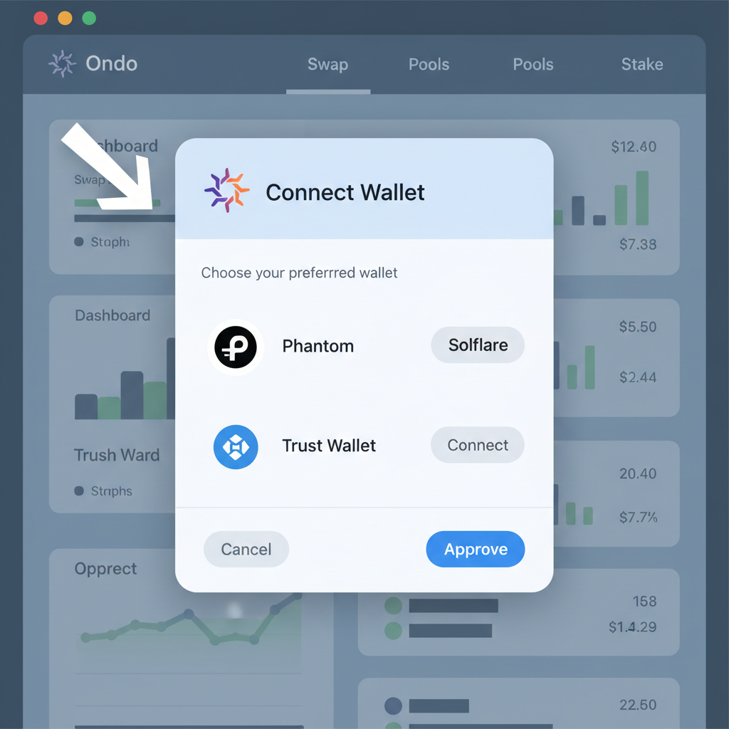 Solana wallet connection popup on Ondo dApp interface