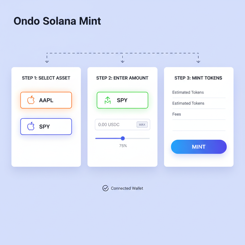 Ondo Solana mint page with AAPL and SPY asset selectors highlighted