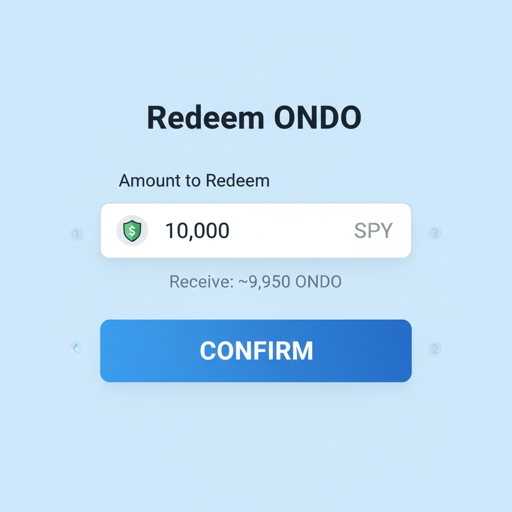Ondo Solana redeem interface with SPY token input and confirm button