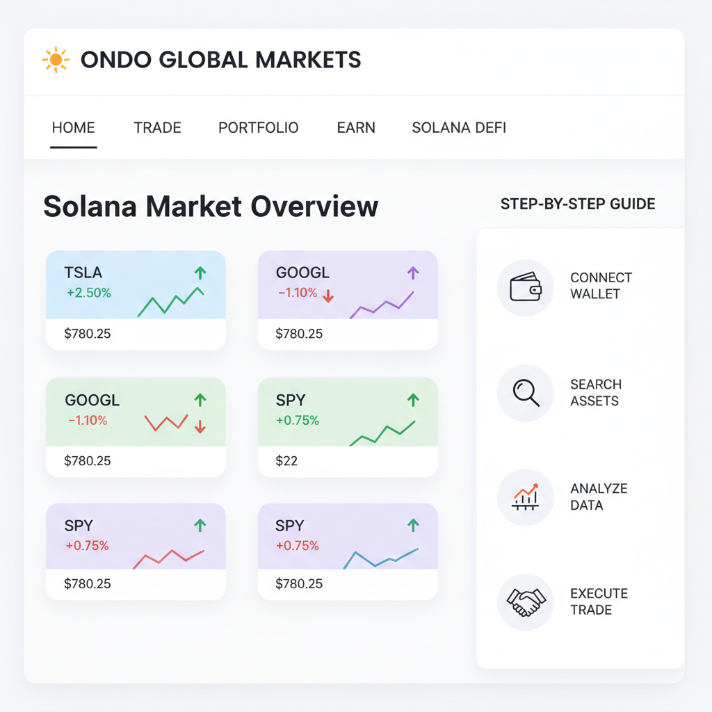 clean UI screenshot of Ondo Global Markets Solana homepage with stock listings