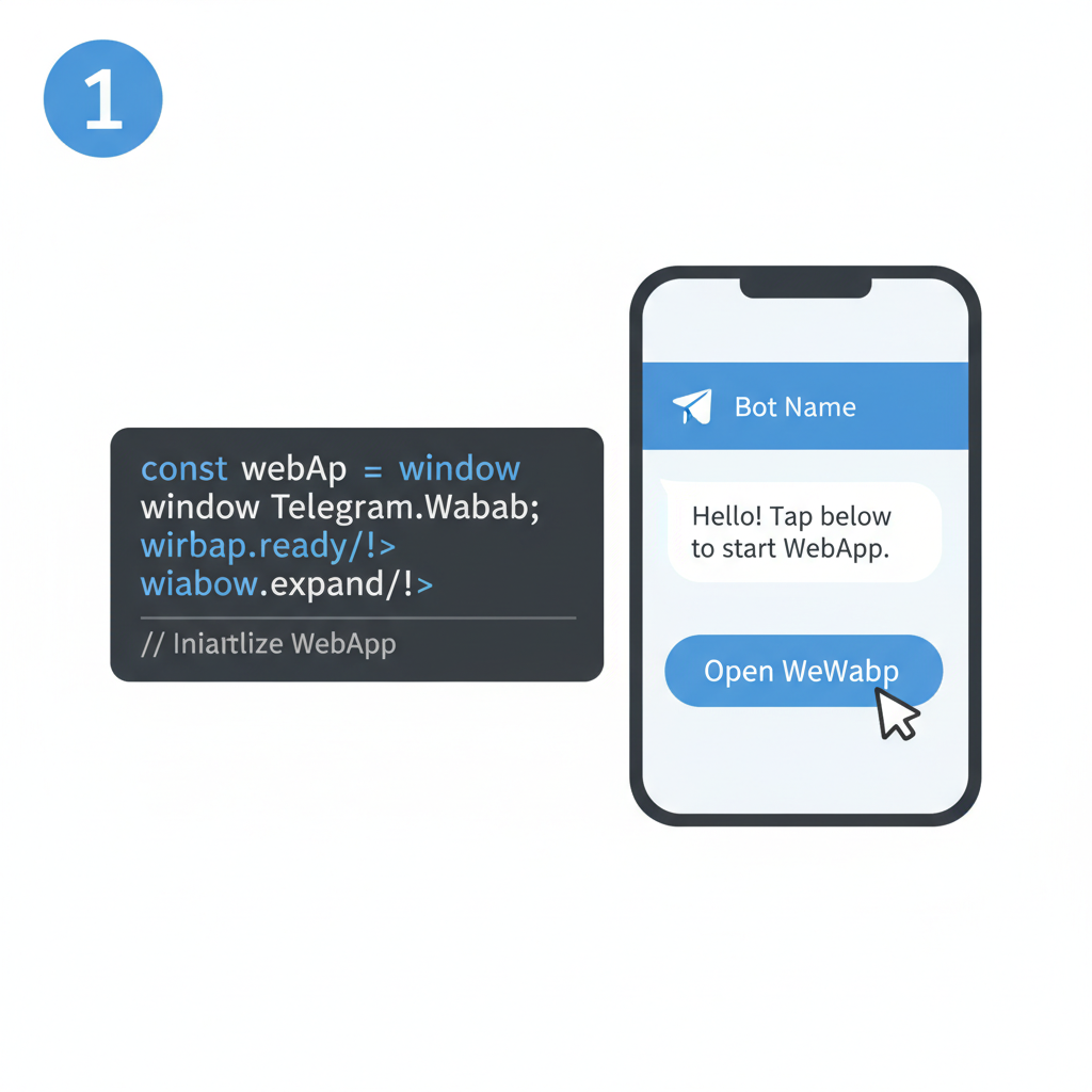code snippet initializing Telegram WebApp in editor, Telegram bot interface preview