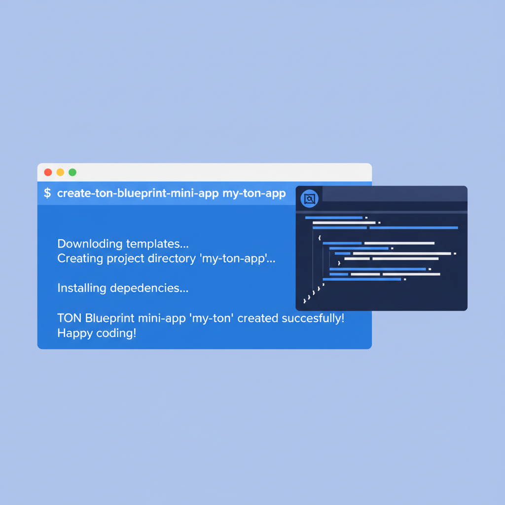 terminal command creating TON Blueprint mini app project, code editor background, blue TON logo