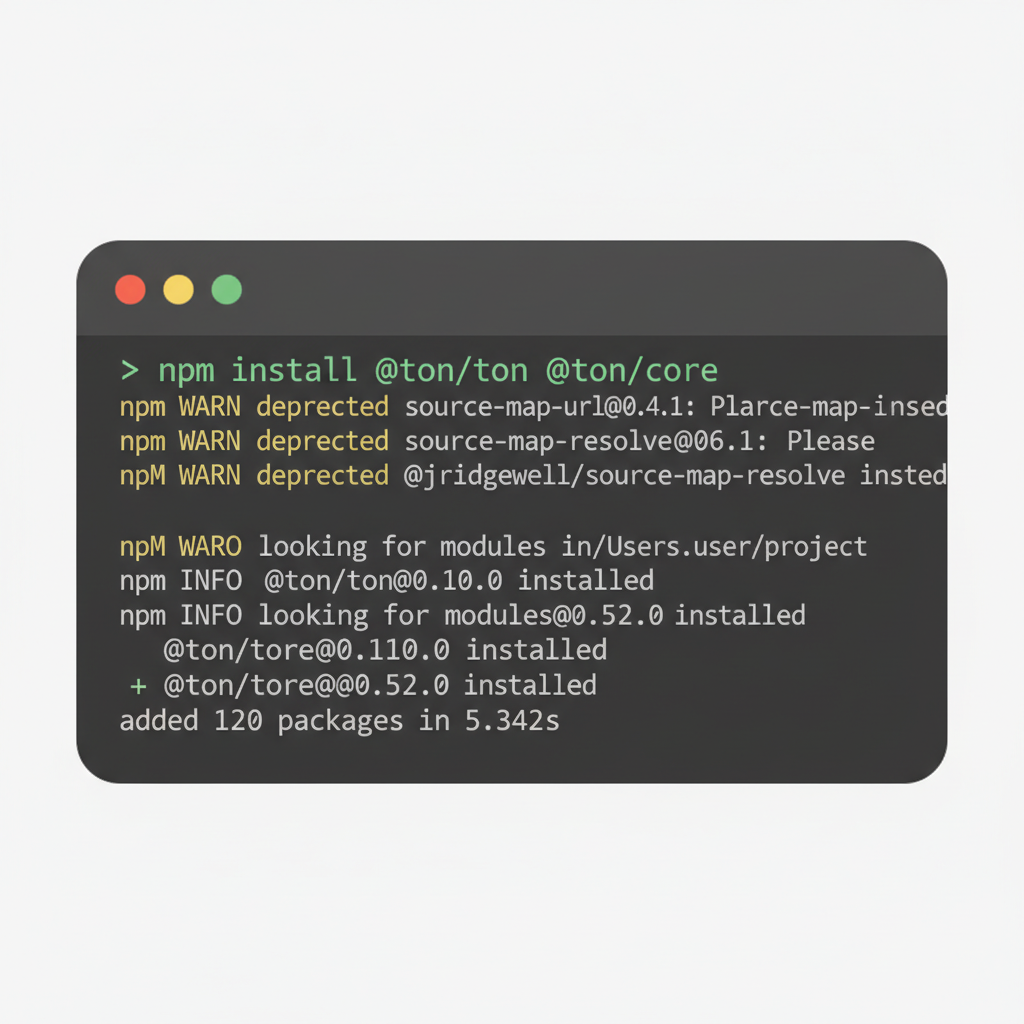 terminal window running npm install @ton/ton @ton/core, clean code style