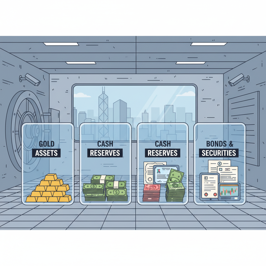 high-quality reserve assets in segregated vault, gold bars cash bonds, secure bank vault Hong Kong