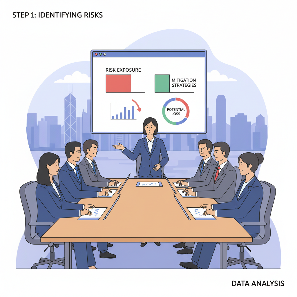 diverse boardroom meeting risk committee charts graphs, professional suits Hong Kong finance