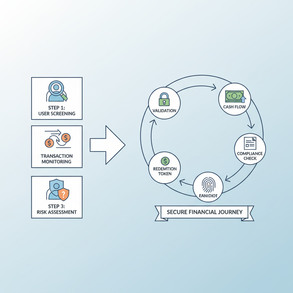 AML compliance dashboard screening users, redemption token to cash flow chart secure icons