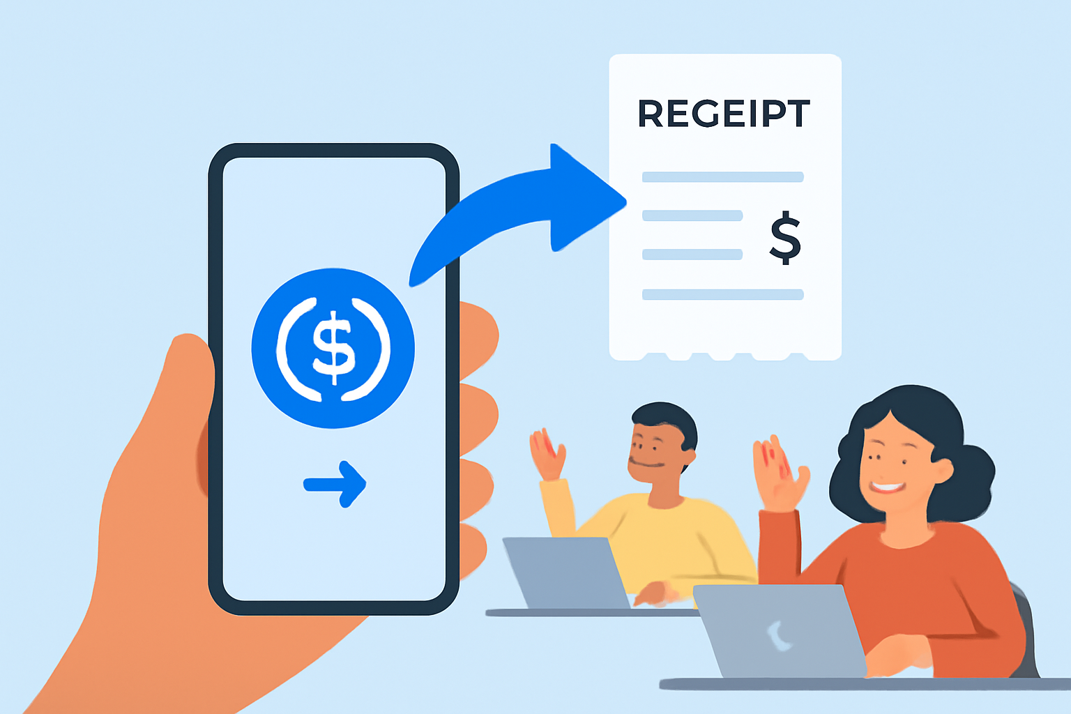 A hand sending USDC from a phone, with digital payment receipts and happy remote workers in the background