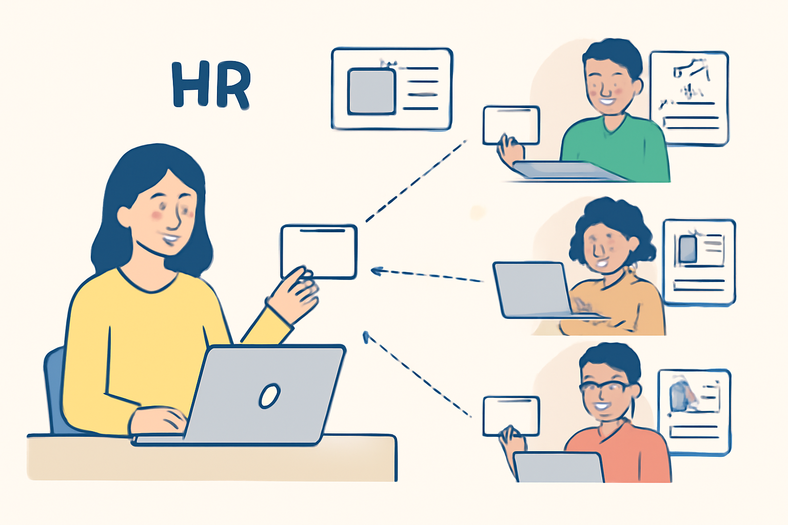 HR manager collecting digital wallet addresses from remote workers, KYC forms and ID documents visible