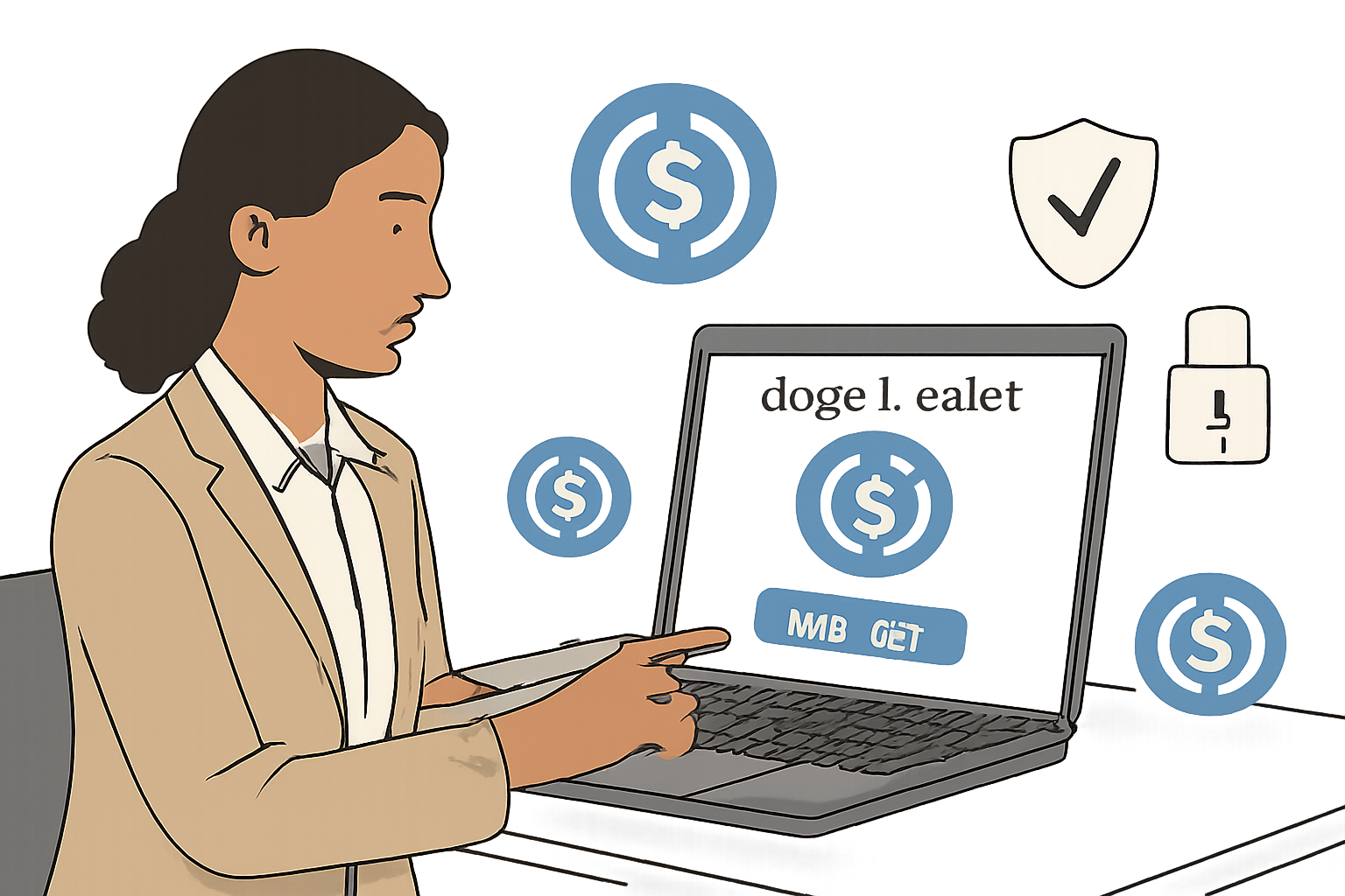 A professional setting up a digital wallet on a laptop, with USDC logos and security icons visible