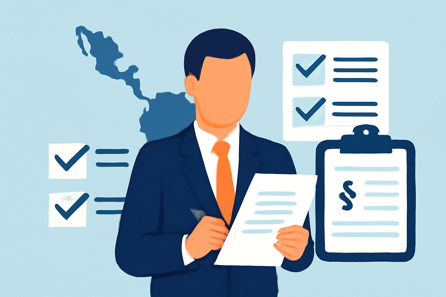 A businessperson reviewing legal documents with a Latin American map and compliance checkmarks in the background