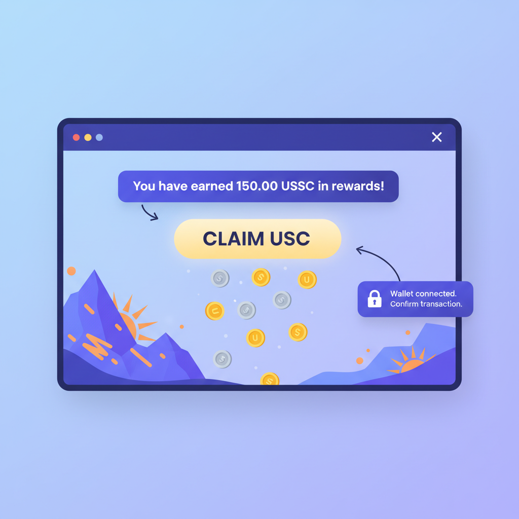 magic eden dashboard claiming usdc rewards, wallet notification, claim button, coins raining, celebratory solana nft art