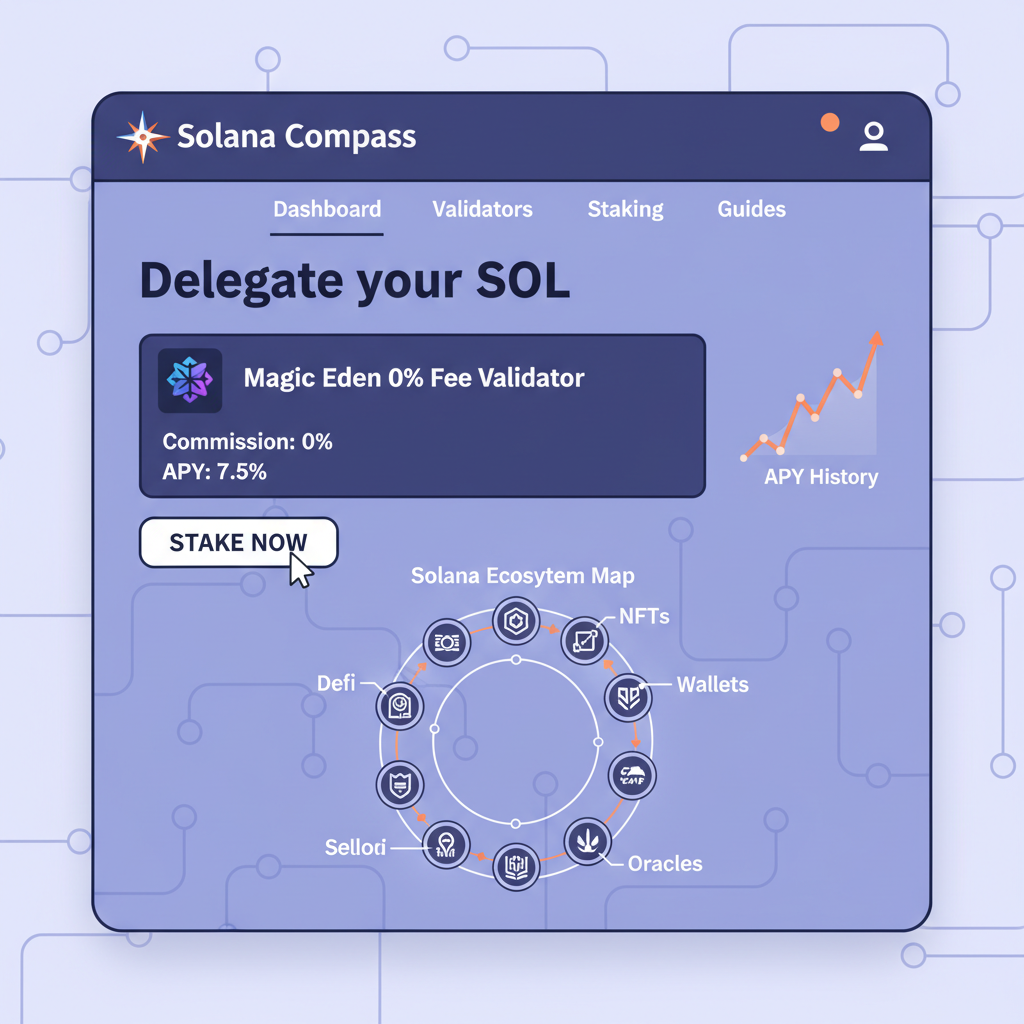solana compass website delegating sol to magic eden 0% validator, stake button, apy chart, solana ecosystem map background