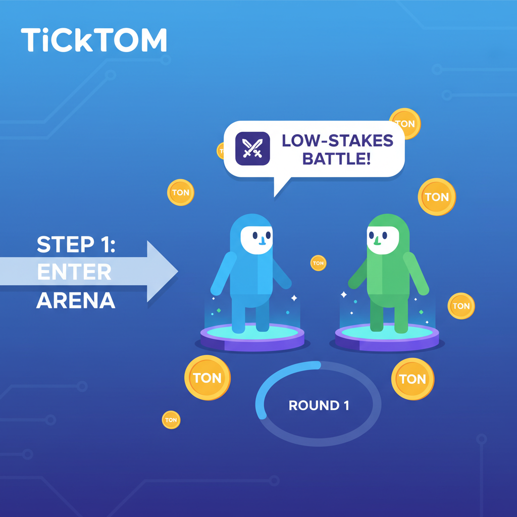 Entering low-stakes battle in TiCkTOM, competitive arena, TON coins visible
