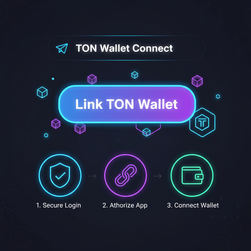 Telegram mini app screen linking TON wallet, neon UI, blockchain icons
