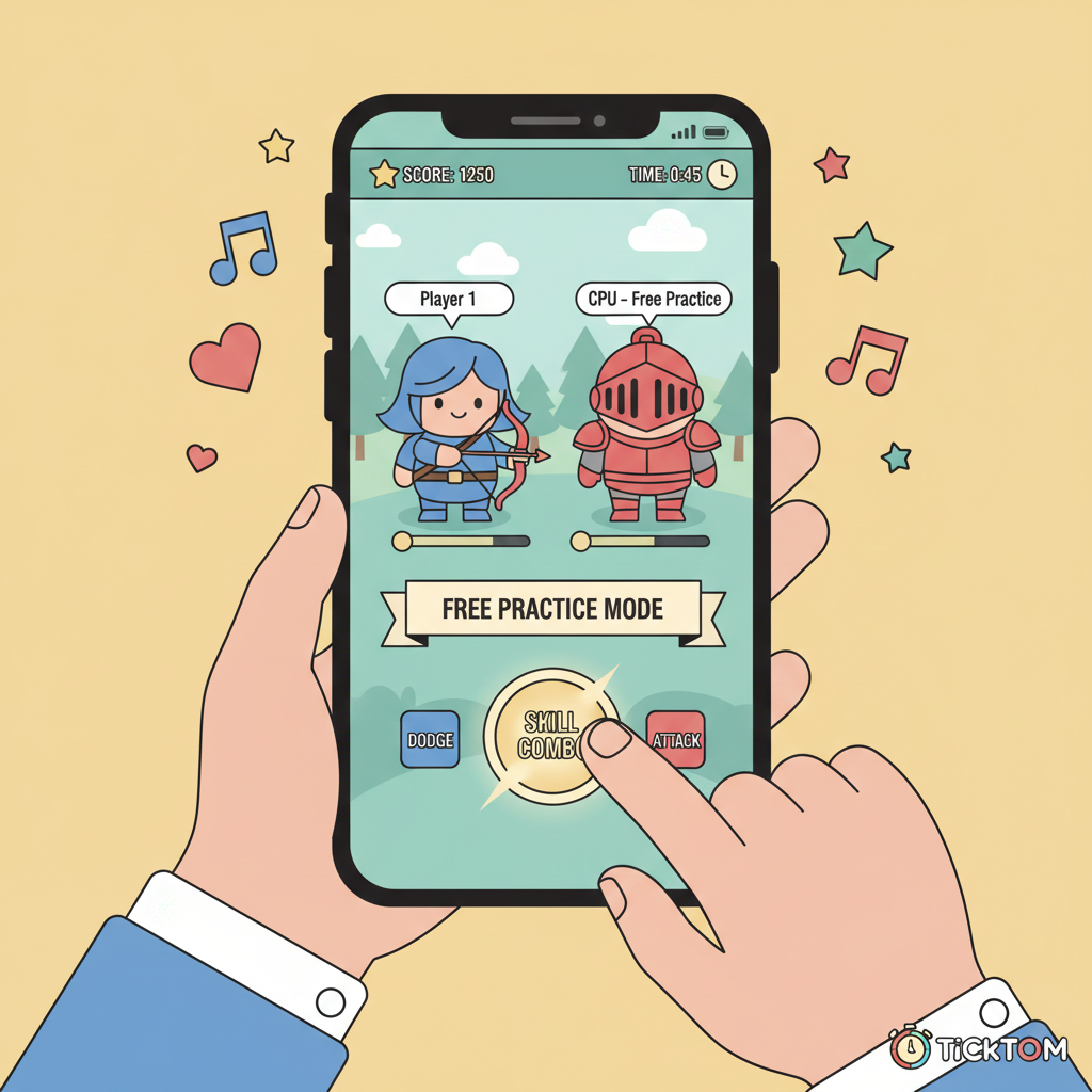 Player practicing in free mode on TiCkTOM app, game battle screen, casual vibe