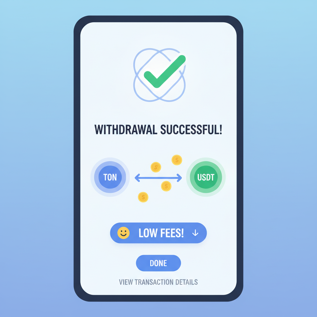 Withdrawing TON to USDT in wallet app, success animation, low fees highlighted