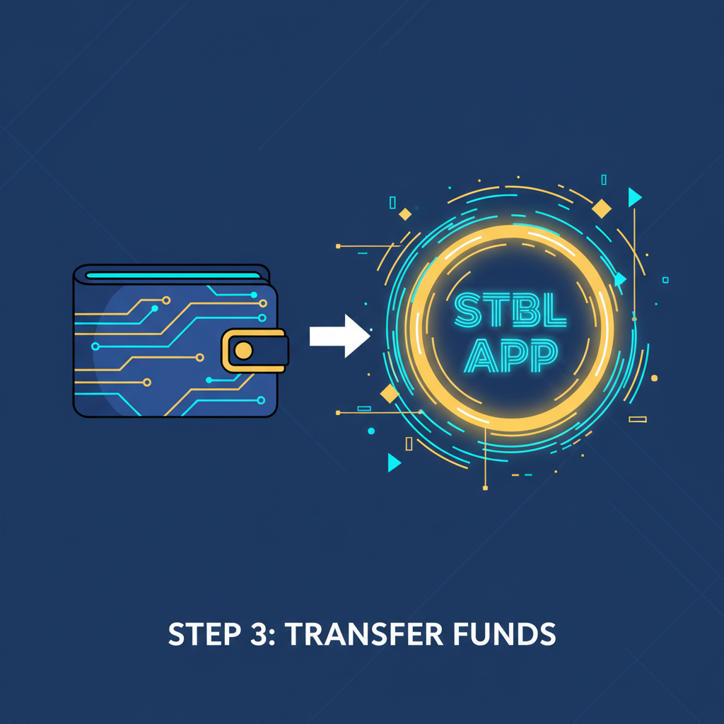 cyberpunk wallet beaming into glowing STBL app portal, neon blues and golds