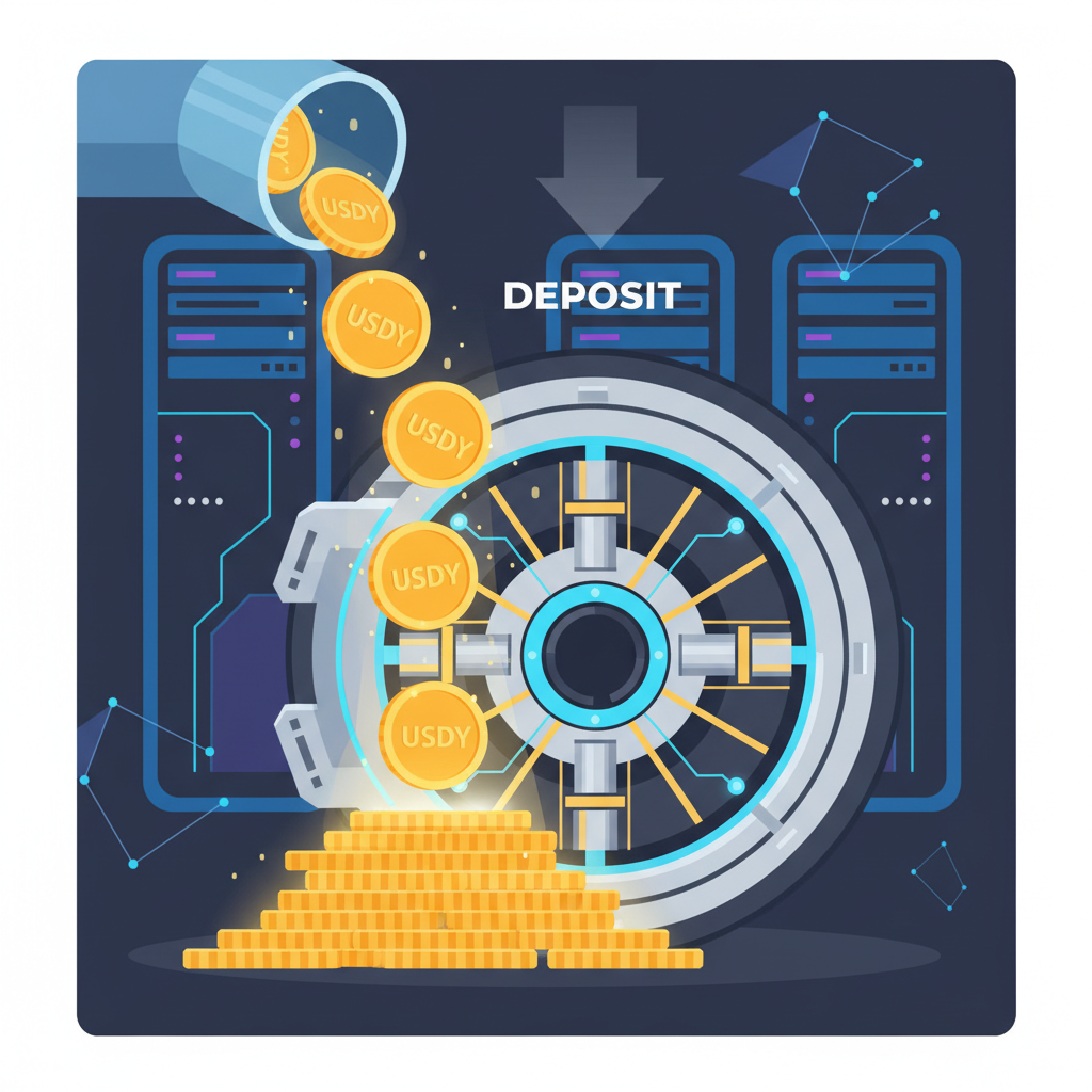 golden USDY tokens cascading into high-tech vault, treasure glow