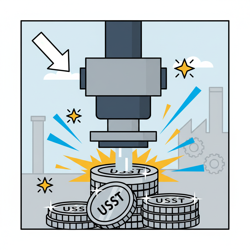 industrial mint press forging shiny USST coins, sparks flying