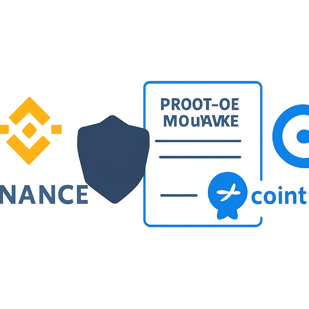 Logos of Binance and Coinbase with a shield and proof-of-reserves certificate, emphasizing security.
