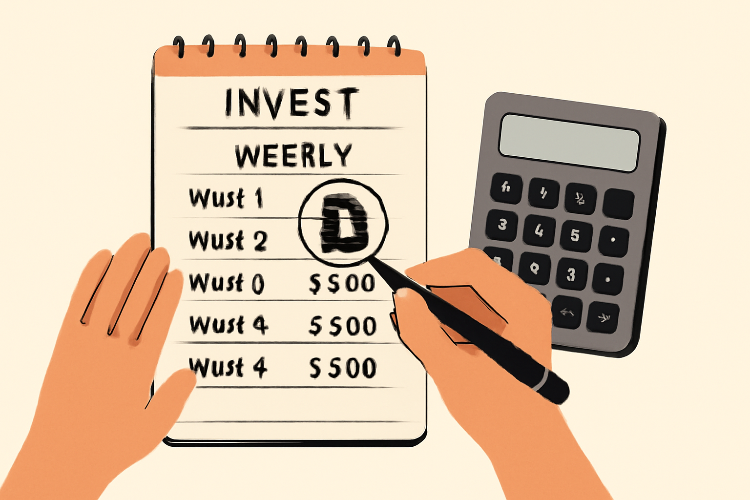 A person planning with a notepad, marking weekly investments of $500 into Bitcoin, with a calculator nearby.