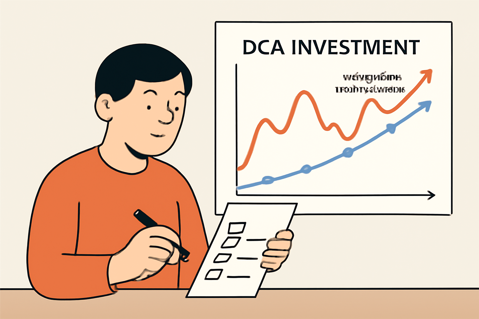A person calmly reviewing a DCA investment chart, ignoring emotional market swings, with a checklist in hand.