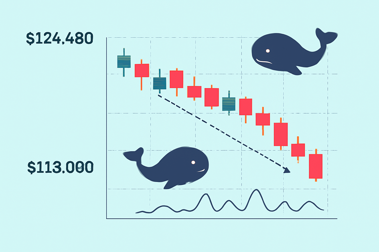 A candlestick chart showing Bitcoin price dropping from $124,480 to $113,030 with whale icons and volatility indicators.