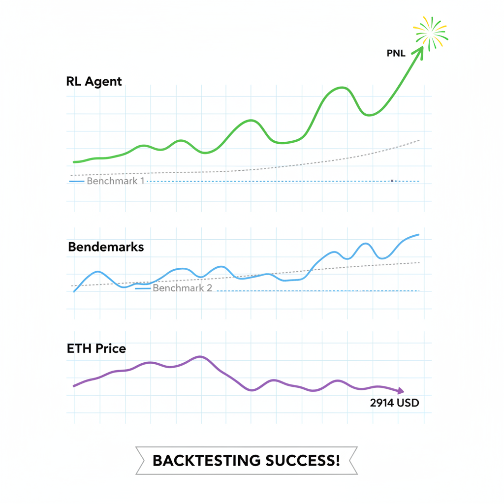 backtesting charts with green PNL curves, RL agent vs benchmarks, Ethereum price overlay 2914 USD, success fireworks