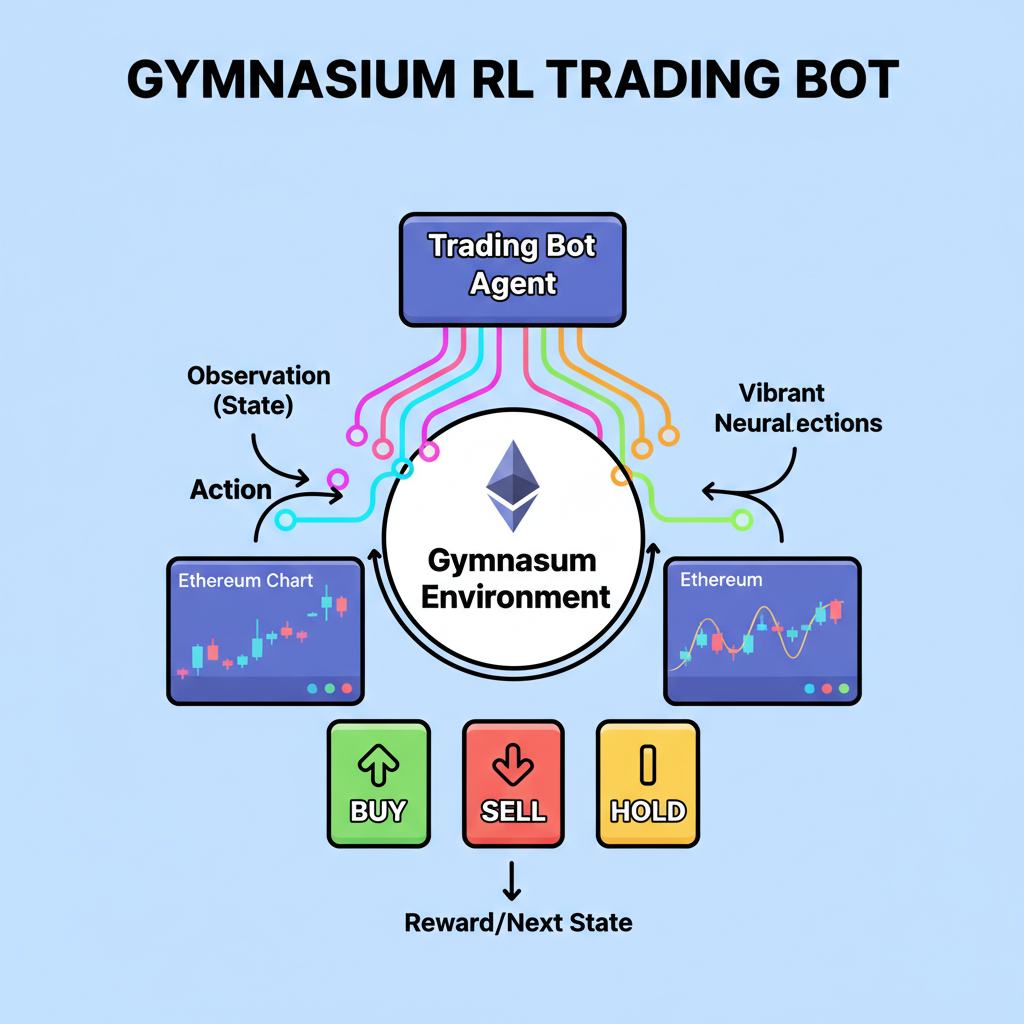 gymnasium RL environment diagram, trading bot actions buy sell hold, Ethereum charts, vibrant neural connections