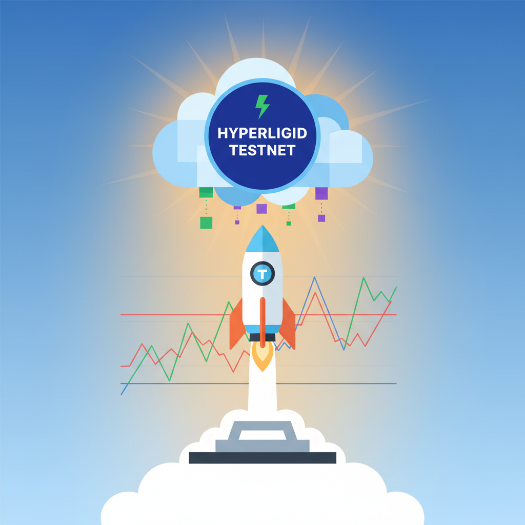 rocket launching trading bot to testnet cloud, Hyperliquid testnet badge, ETH charts in background, triumphant glow