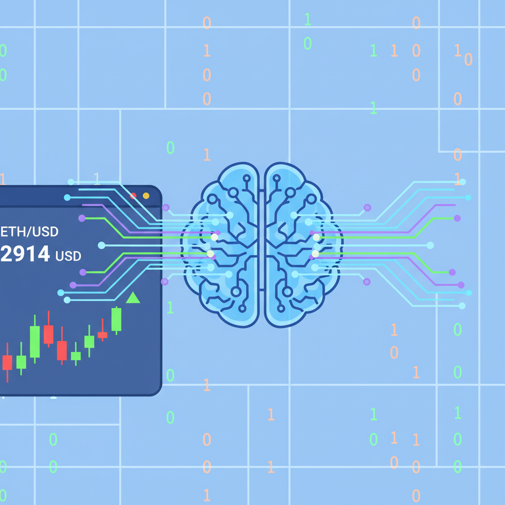 data streams flowing into AI brain, crypto charts ETH price 2914 USD, colorful candlesticks, digital matrix background